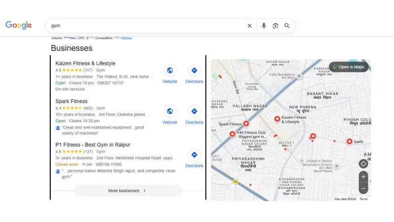 Google Business Profile example showing business details, reviews, photos, and Google Maps listing