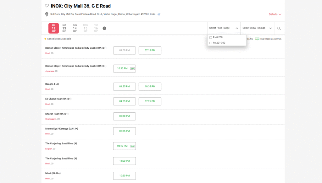 36 Mall Raipur Movie Time and Price September 2025