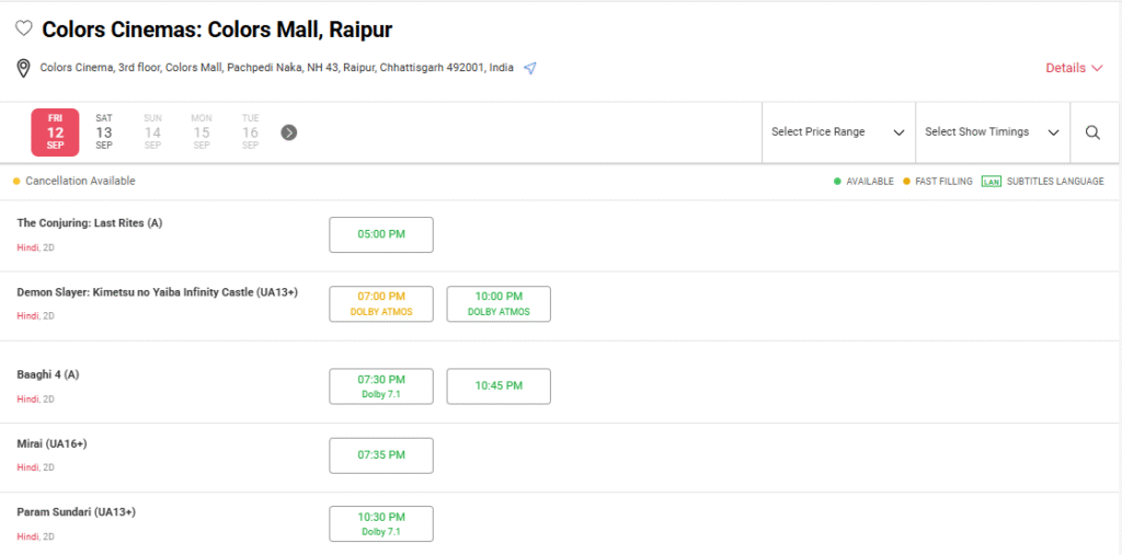 Colors Mall Raipur Movie Time 12 sep 2025