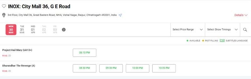 36 Mall Raipur Movie Time and Price September 2026