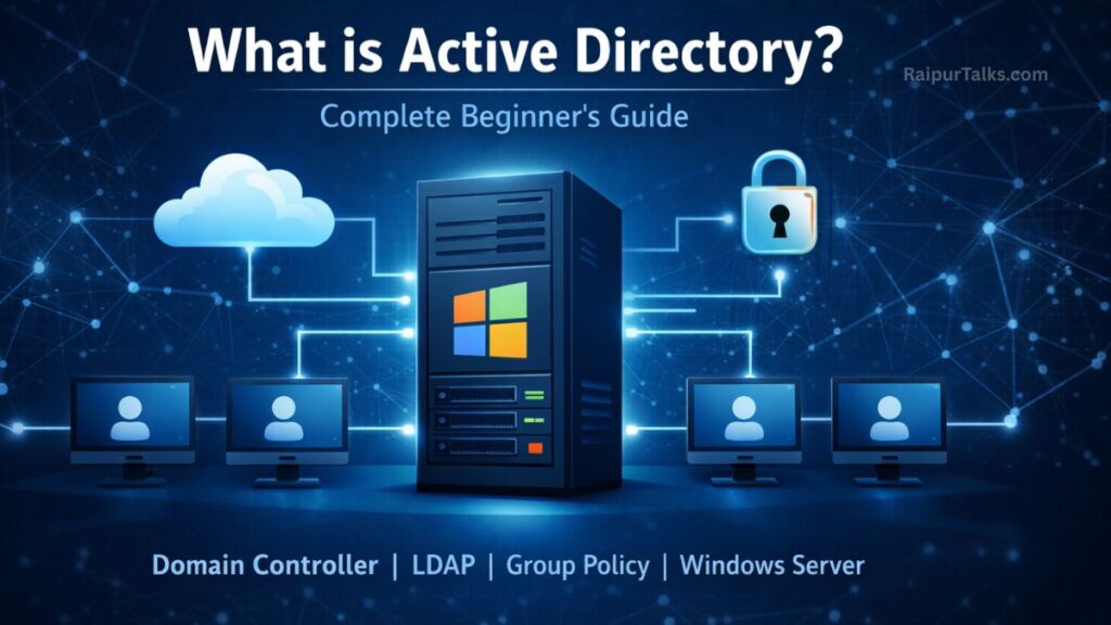What is Active Directory infographic showing Windows server connected to multiple computers with LDAP, Domain Controller and security lock concept