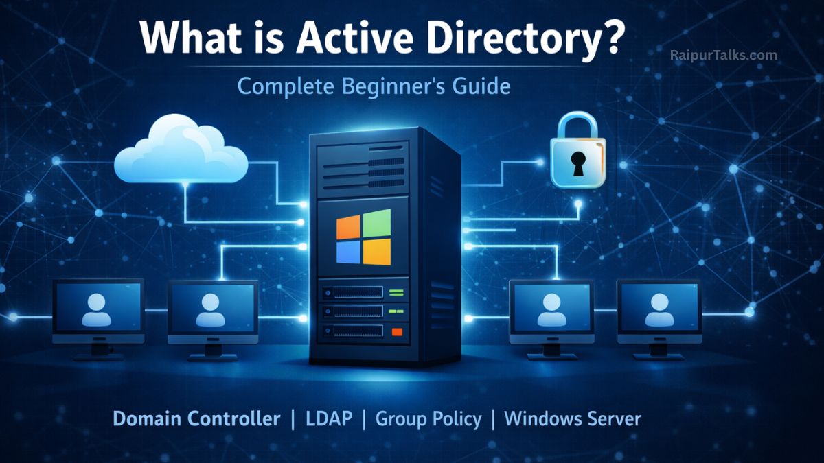 What is Active Directory infographic showing Windows server connected to multiple computers with LDAP, Domain Controller and security lock concept