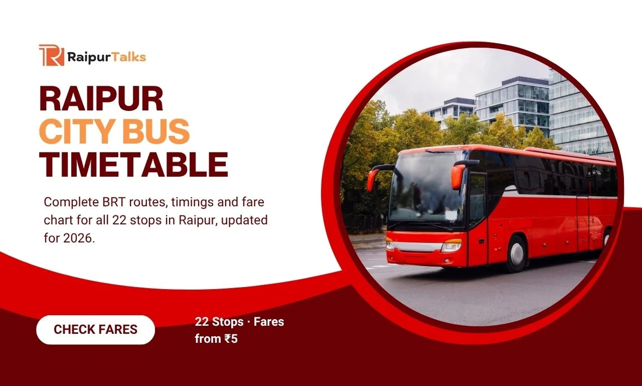 Raipur city bus timetable 2026 featured image showing BRT bus with routes and fares
